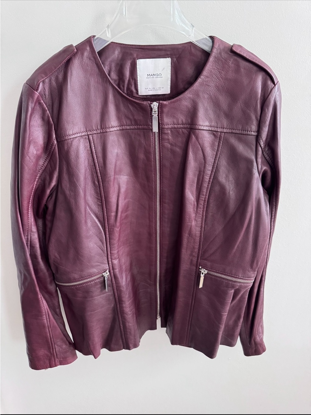Mango Women's Burgundy Leather Zip Jacket